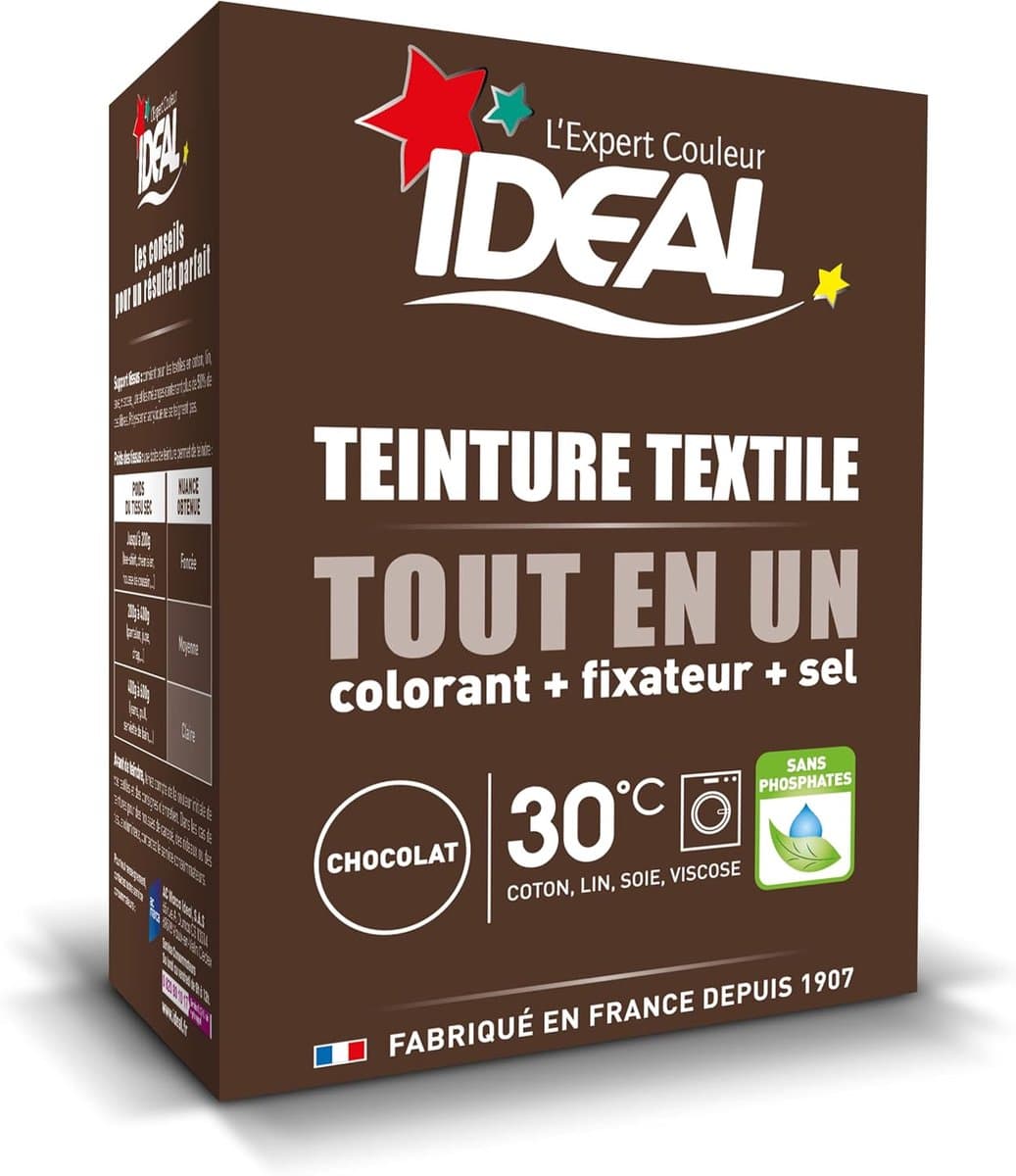 IDEAL - Mini Chocolate All-in-One Dye Kit - 230g - Dye + Fixative + Salt Included - Long-Lasting Textile Dye - Cotton, Linen, Silk, Viscose - Effective from 30°C - Made in France — afbeelding 1