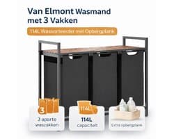 Van Elmont Wasmand 3 vakken – Wassorteerder - Wasmanden - Wasbox - 114 liter - uitschuifbaar met plank - Zwart - 92.5 x 33 x 72 cm