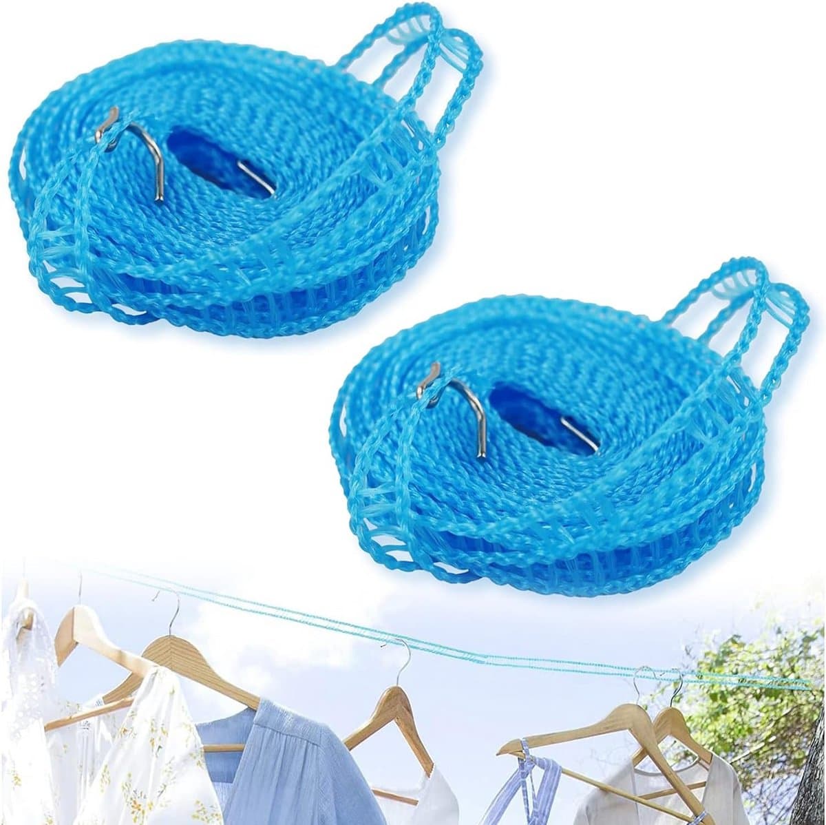 Waslijnen Set - Kleding Touw - Buiten Droge Kleding - Windproof Antislip - 2x 5 Meter - Blauw — afbeelding 1
