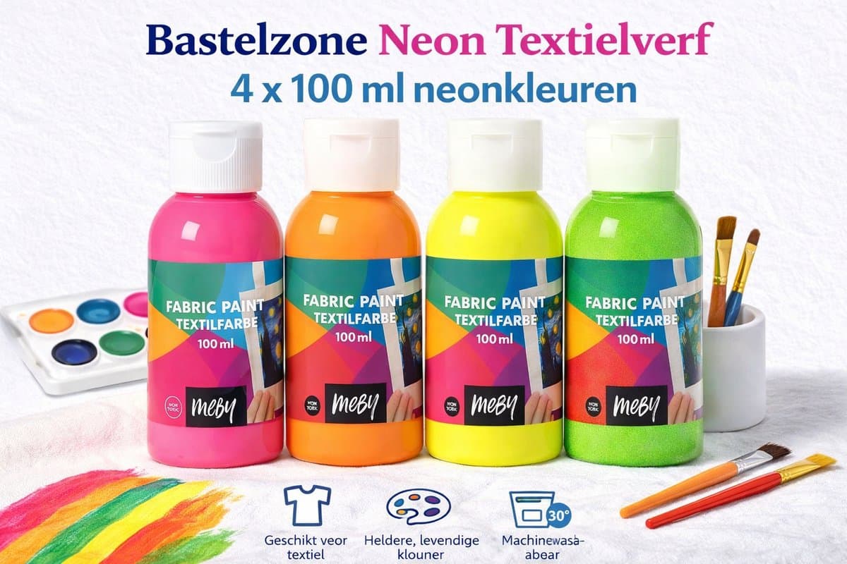 Bastelzone Neon Textielverf Set - 4 neon kleuren, 100 ml per flesje - Machinewasbaar — afbeelding 1