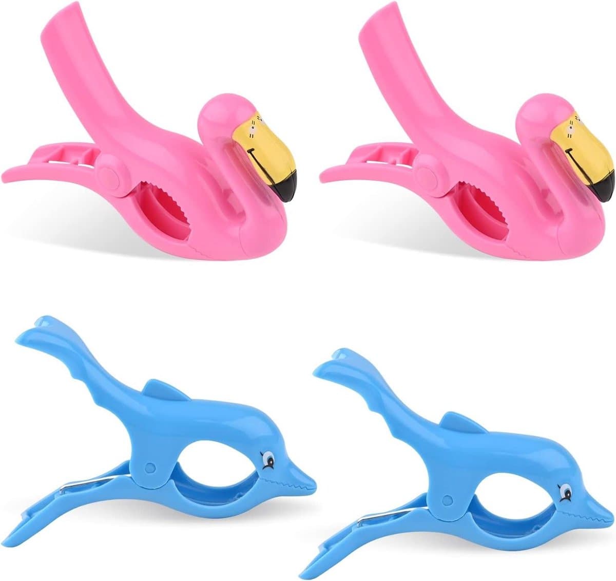 JGS Premium - Grote strandhanddoekklemmen 4 stuks voor op het strand - Winddicht - Flamingo en dolfijnen design - Badhanddoek klem - Kunststof quiltclips - Handdoek pegs - Wasknijpers — afbeelding 1