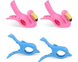 JGS Premium - Grote strandhanddoekklemmen 4 stuks voor op het strand - Winddicht - Flamingo en dolfijnen design - Badhanddoek klem - Kunststof quiltclips - Handdoek pegs - Wasknijpers