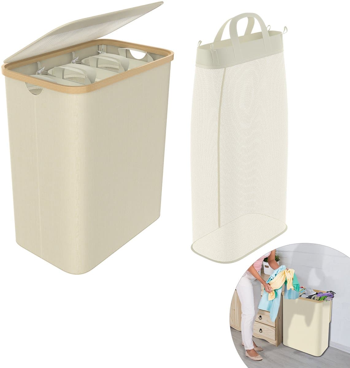 Wasmand 3 vakken - Wassorteerder van bamboe met Oxfordweefsel - Met Deksel opvouwbaar Opbergmand - 140L - Beige — afbeelding 1