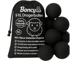 Boncy® Drogerballen - 9 Stuks XL Droogballen voor Wasdrogers - 100% Nieuw Zeelandse Schapenwol Wasdrogerballen - Energiebesparend & Duurzaam Cadeau - Wasballen voor Wasdroger Droogtrommel - Dryer Balls Wol Droger Ballen - Wasbol Wasbollen - Zwart