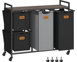 Wasmand - 4 vakken - Op wieltjes - Zwart en Grijs - 98.6x33x80.5