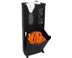 Eleganca Wasmand 3 vakken - XL Formaat 95 Liter - Wassorteerder - Kunststof - D31 x B45 x H90 cm - Afneembare manden - Wasmand op Wielen - Ruimtebesparend - Zwart