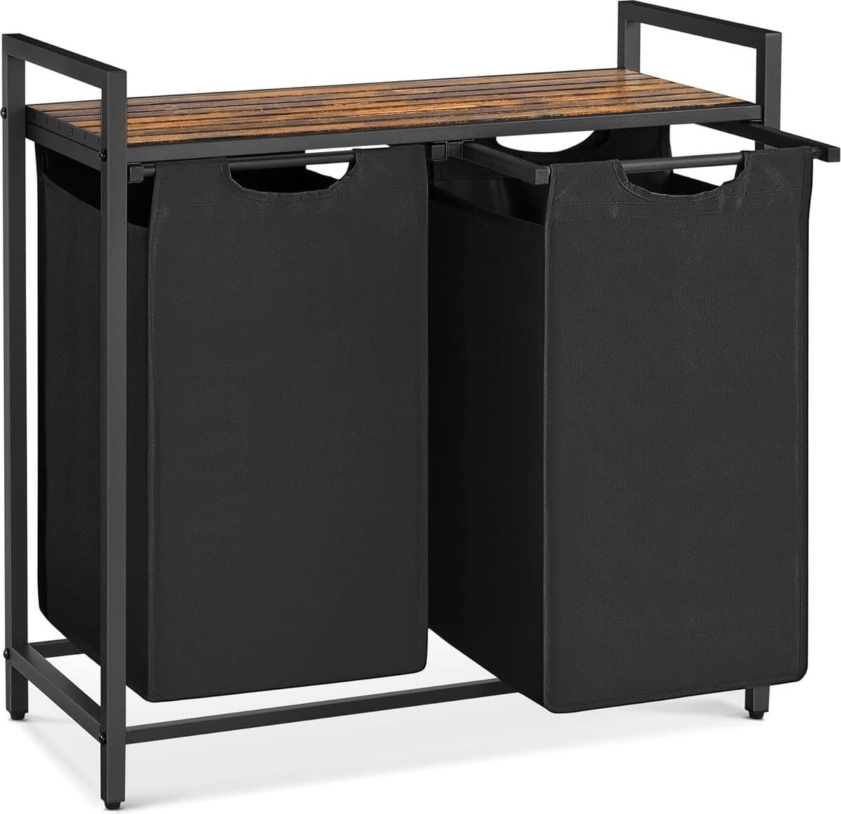 Wasmand, mand met 2 vakken, bak met 2 afneembare zakken van Oxford-stof, metalen frame, 2 x 46 l, 73 x 33 x 72 cm, rustiek bruin en zwart — afbeelding 1