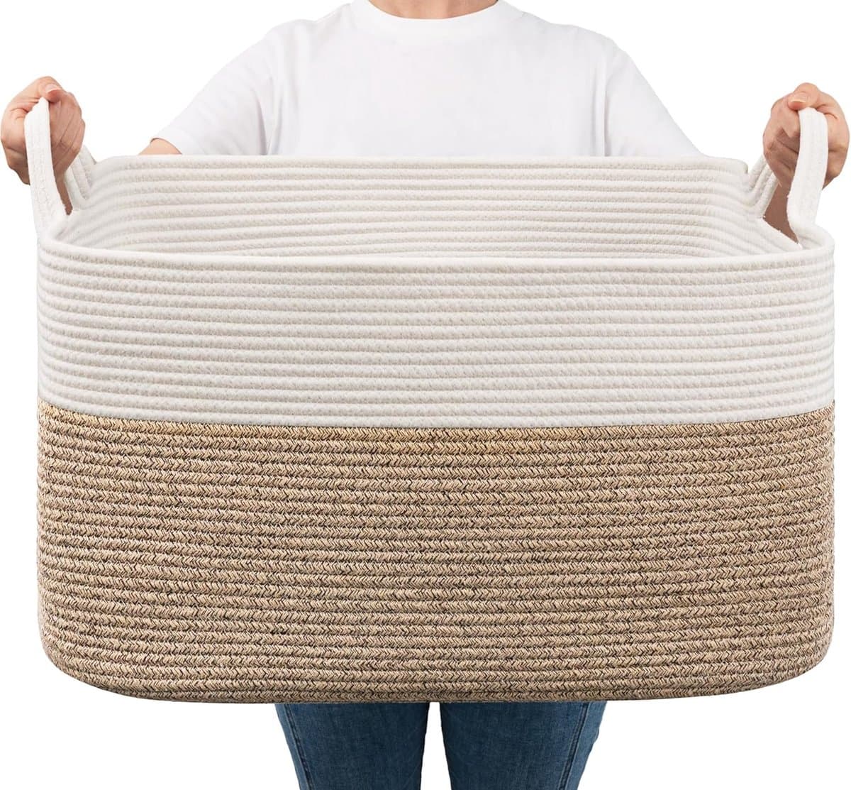 Opbergmand voor babyspeelgoed, vierkante laundry baskets, wasmand voor kinderkamer, groot, gevlochten mand voor dekens, hoofdkussens, gastendoekmand, 65 l, wit en bruin — afbeelding 1