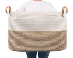 Opbergmand voor babyspeelgoed, vierkante laundry baskets, wasmand voor kinderkamer, groot, gevlochten mand voor dekens, hoofdkussens, gastendoekmand, 65 l, wit en bruin