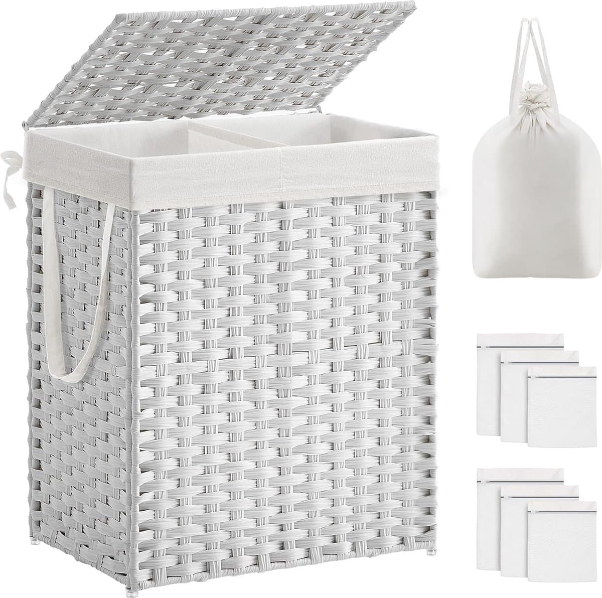 Wasmand met deksel, wasverzamelaar, 90 liter, 2 vakken, uitneembare waszak met handgrepen, handgevlochten, voor slaapkamer, badkamer, 33 x 46 x 60 cm, wit, LCB251W01V1 — afbeelding 1