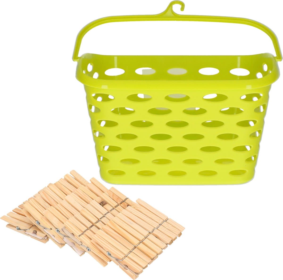 Wasknijpersmandje met haak - groen - en 100x houten wasknijpers 7 cm - was ophangen — afbeelding 1