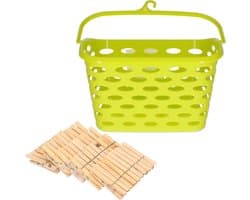 Wasknijpersmandje met haak - groen - en 100x houten wasknijpers 7 cm - was ophangen