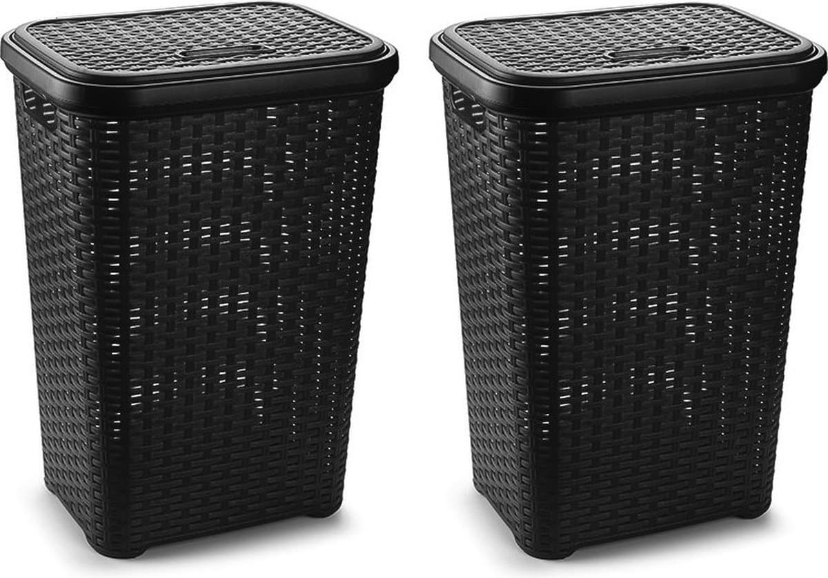 PlasticForte Wasmand met deksel - 2x stuks - 60 liter - zwart - rotan - kunststof - L35 x B43 x H62 cm — afbeelding 1