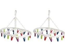 Wasgoed droogcarrousel/droogmolen - 2x - 20 clips/knijpers - multi kleuren - kunststof - 29 x 42 cm