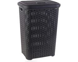 Plasticforte Wasmand met deksel - 2x stuks - 60 liter - antraciet - rotan - kunststof - L35 x B43 x H62 cm