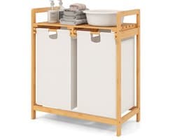 COSTWAY Wasmand 2 vakken, met 2 uittrekbare waszakken, wasverzamelaar met plank, wassorteerder bamboe voor badkamer, woonkamer en slaapkamer (wit)