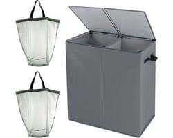Livano Wasmand 2 Vakken - Wassorteerder - Laundry Basket - Wassorteerder Op Wieltjes - Bag - Donkergrijs - 166 Liter