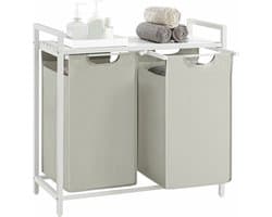Wasmand 2 vakken, wasmand met plank, wasbox, waszak van oxford stof uitneembaar, metalen frame, 2 x 46 L, 73 x 33 x 72 cm, wit