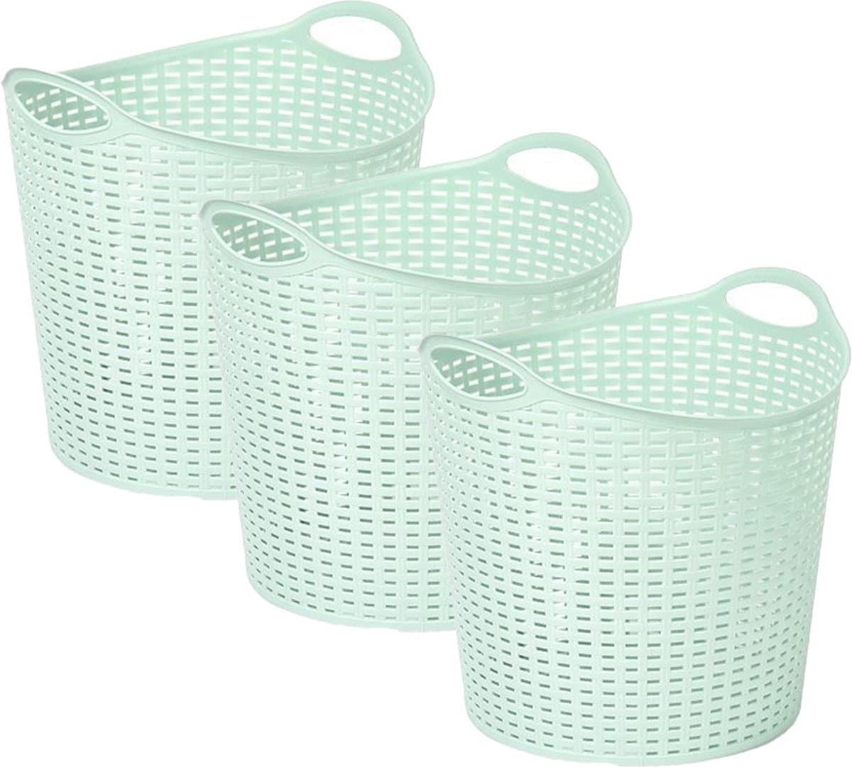 Plasticforte Gevlochten wasmand/opbergmand - 3x - flexibel - lichtgroen - 27 liter - rond - kunststof - 40 x 37 cm — afbeelding 1