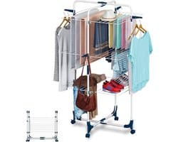 Kledingdroger Toren, opvouwbaar en ruimtebesparend, 3 niveaus, 6 opvouwbare vleugels, oprolbaar en stabiel, mobiele toren kledingdroger, droogrek voor grote gezinnen binnen en buiten, Wit en Blauw