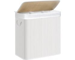 SONGMICS - Wasmand 150 liter - 3 sorteervakken - 60x40x61.5 - bamboe met stof - wit LCB091W01