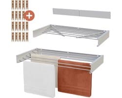MiKas Wanddroogrek - Inklapbaar Droogrek - Wasrek - Hangend - Inclusief 20 wasknijpers - 100 cm - 6m drooglengte - Wit