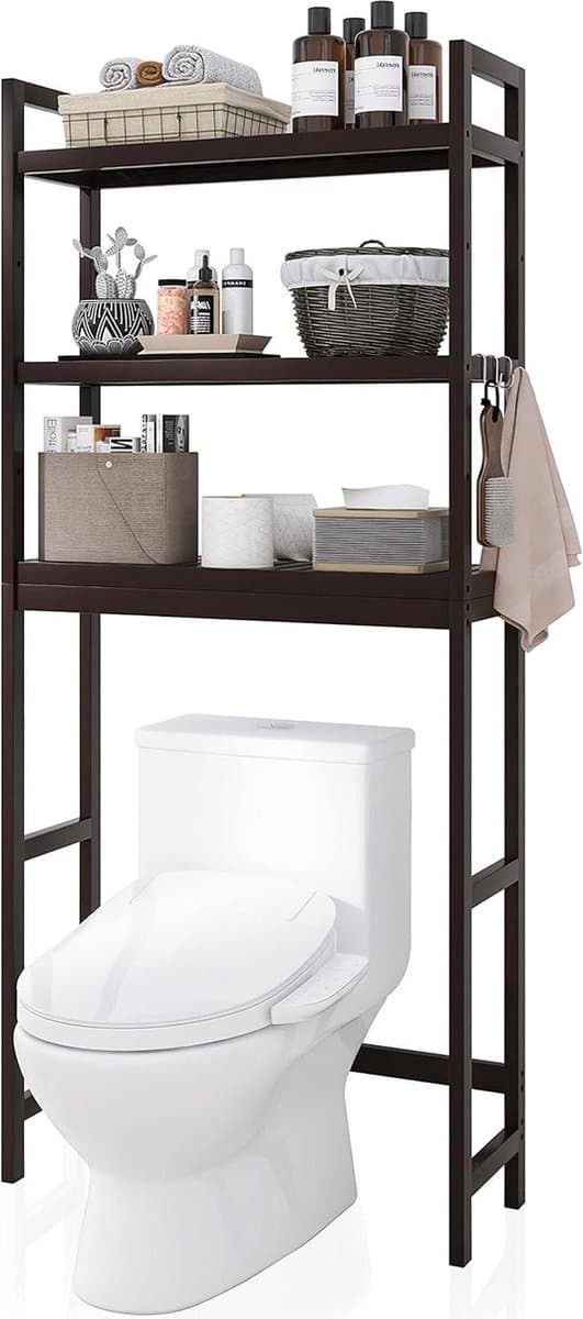 Badkamer opbergplank bamboe over-het-toilet ruimtebesparend donkerbruin met verstelbare planken Wasmachine rek — afbeelding 1