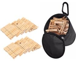 Wasknijpers tasje met haak en 200 stuks houten wasknijpers - Was ophangen - handige huishouden artikelen
