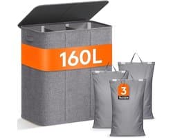 Verte Wasmand 3 Vakken - Wassorteerder - 160L - Met 3 Uitneembare Zakken - Wasmand met deksel - Laundry basket - Extra grote capaciteit - Waszak - Wasbox - Licht Grijs