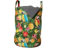 ABAKUHAUS tropische waszak, papegaaien en granaatappel, wasmand met handvatten, trekkoordje voor wasserettes, groen meerkleurig