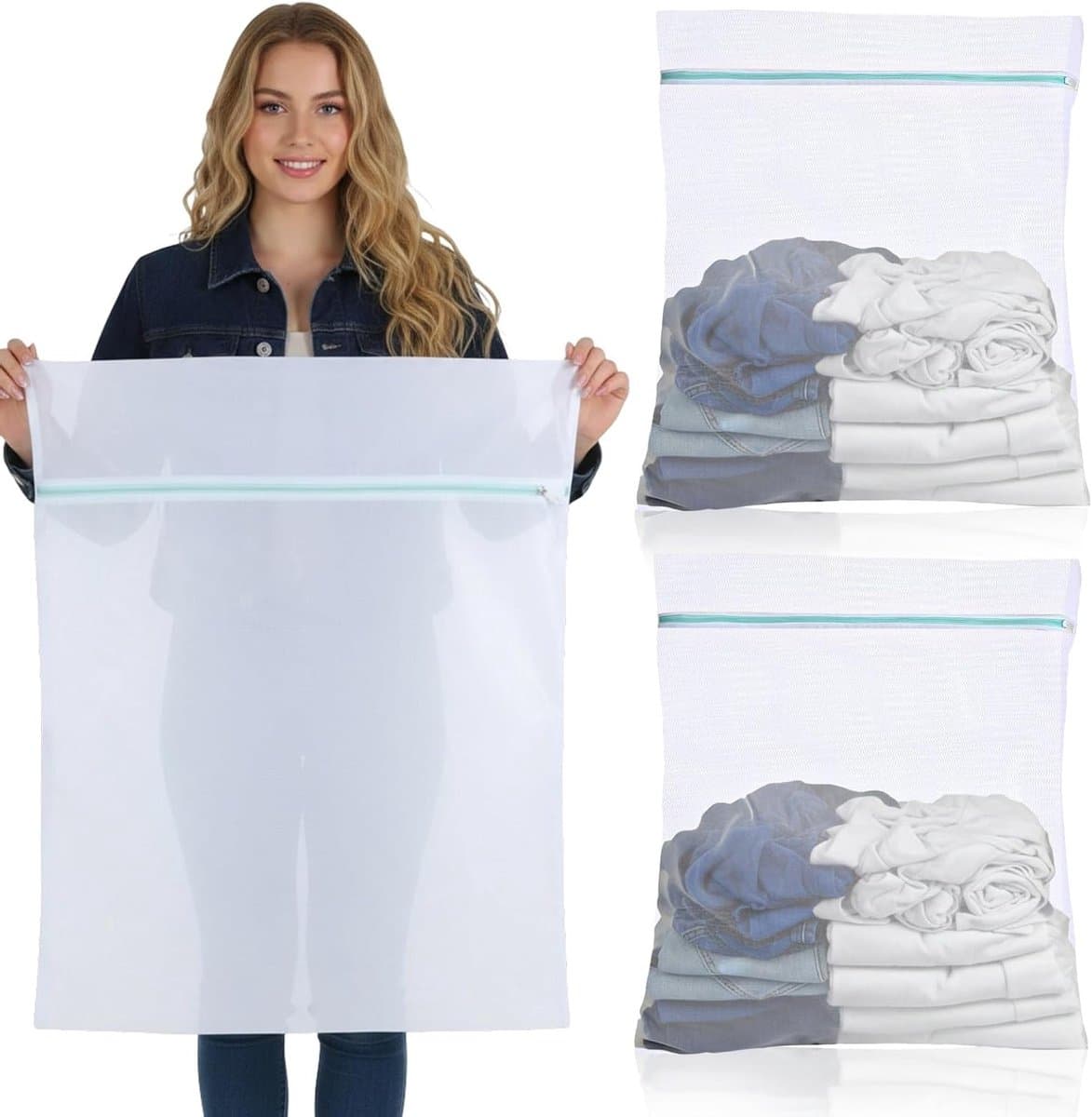 Grote Waszakken van 60 x 80 cm voor Wassen van Kleding, Bedlinnen en Handdoeken - 2 Stuks met Rits — afbeelding 1