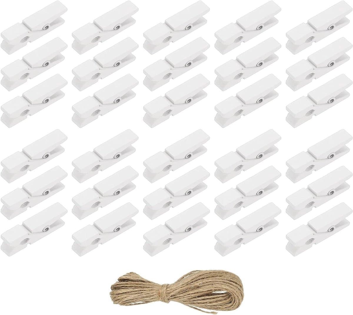 Houten Wasknijpers - Kleine Knijpers - Foto's Ophangen - Met Jute Koord - 35 cm - Wit — afbeelding 1
