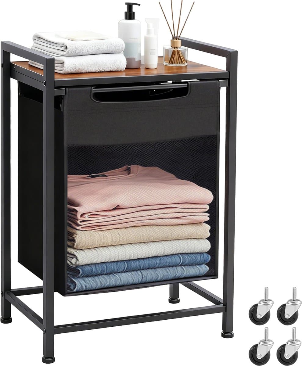 Wasmand Met Opbergplank 65L – Wasgoedmand Met Metalen Frame 50×33×72 cm – Wasmand Voor Badkamer en Wasruimte — afbeelding 1