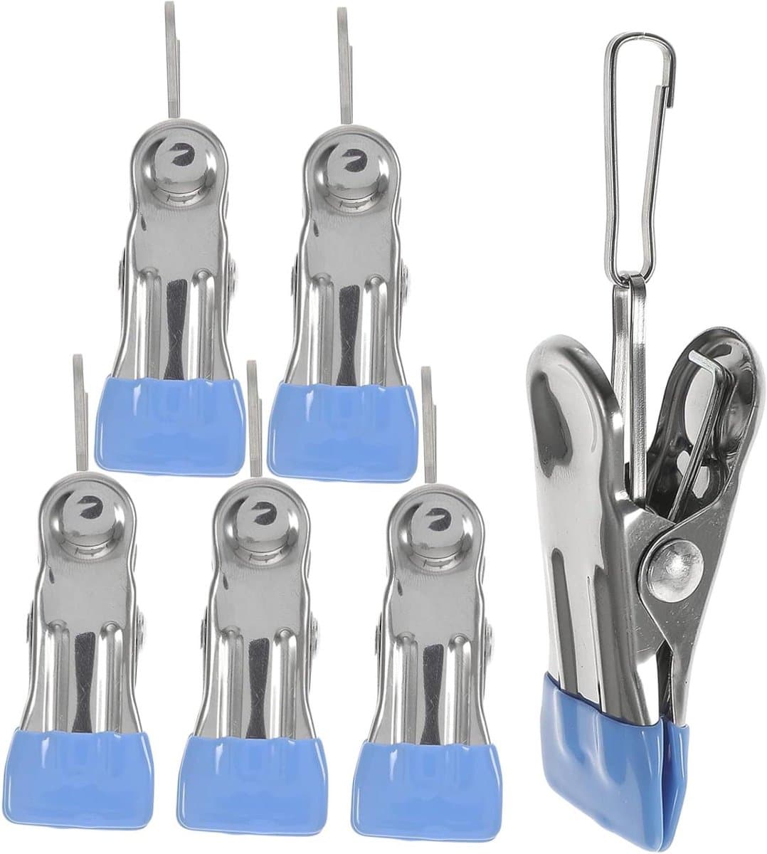 Wasknijper Hanger - Kledingclips - Drogen en Opbergen - Roestvrij Staal - 6 Stuks - Blauw — afbeelding 1