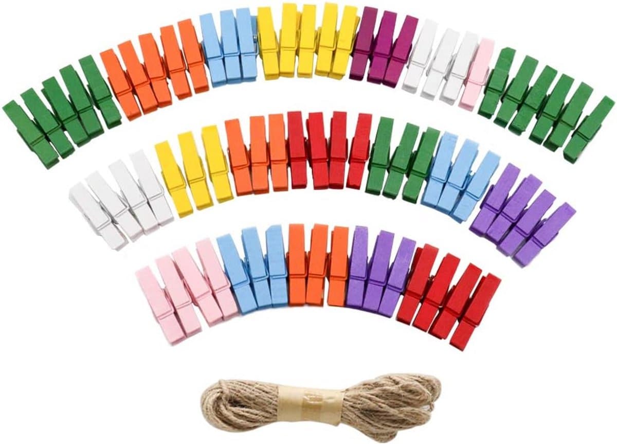 Mini Houten Clips - Kleurrijke Knijpers - Foto's Ophangen - Natuurlijk Hout - 100 Stuks - Regenboog — afbeelding 1