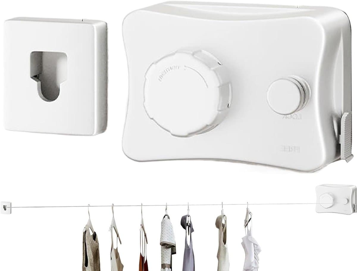 Intrekbare Waslijn - Drooghanger Binnen - Ruimte Besparen - Vergrendelt Zonder Doorzakken - 5.1 Meter - Wit — afbeelding 1