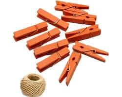 Houten Mini Klemmen - Ambachtelijke Clips - Decoratie en Knutselen - Inclusief Jute Touw - 100 Stuks - Oranje
