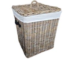 Rieten Wasmand Groot 50cm | Deksel & Linnen Voering | Zwarte Leren Handgrepen | Handgemaakt Indonesië
