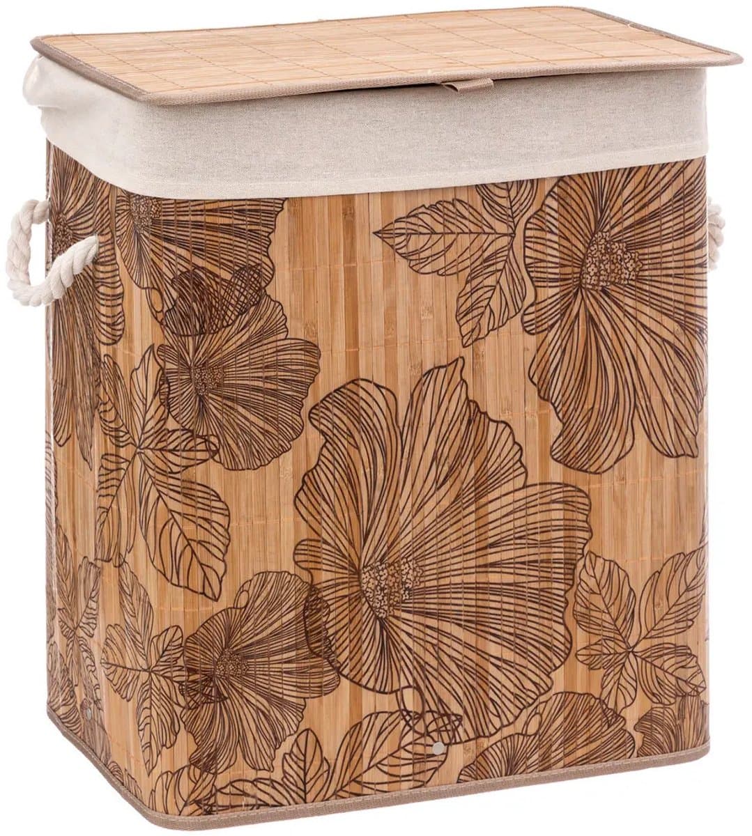 5Five Wasmand met deksel - bamboe hout - 60 Liter- naturel wit - 43 x 31 x 50 cm - Flora print — afbeelding 1