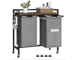 Varnox Wasmand kastje - Wasmandkastje - Tafel met wasmand - Wasmand met 2 vakken - Wassorteerder - Wasmand tafel - Waszak - Badkamerkast - Wasmand meubel - Wasmand rek - Dark oak - Op wielen - Zwart metaal