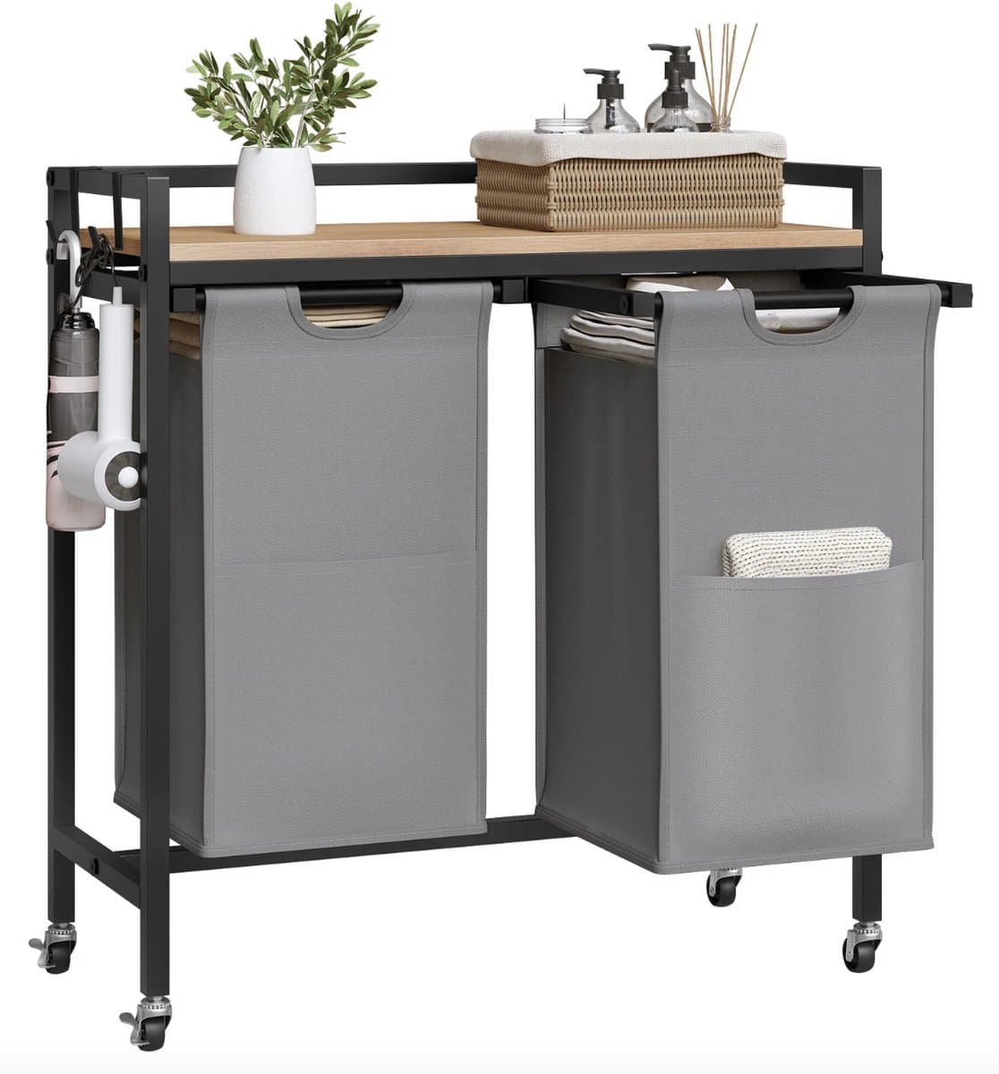 Varnox Wasmand kastje - Wasmandkastje - Tafel met wasmand - Wasmand met 2 vakken - Waszak - Wassorteerder - Wasmand tafel - Badkamerkast - Wasmand meubel - Wasmand rek - Light oak - Op wielen - Zwart metaal — afbeelding 1
