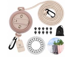 Kaiyaya - 1 stuk Waslijn - 10 meter Uittrekbare waslijn - Beige Oprolbaar - Met wasknijpers en opbergtas - Voor camping, balkon en binnen