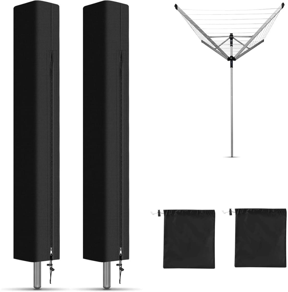 2 stuks - Droogmolenhoes - 165*16*16cm - Droogmolen Hoes - Hoes voor Droogmolen - Beschermhoes voor droogmolen - Roterende Waslijn Afdekking - Stofhoes - Beschermhoes - met ritssluiting - Waterdicht - UV-Bestendig - Stofdicht - zwart — afbeelding 1