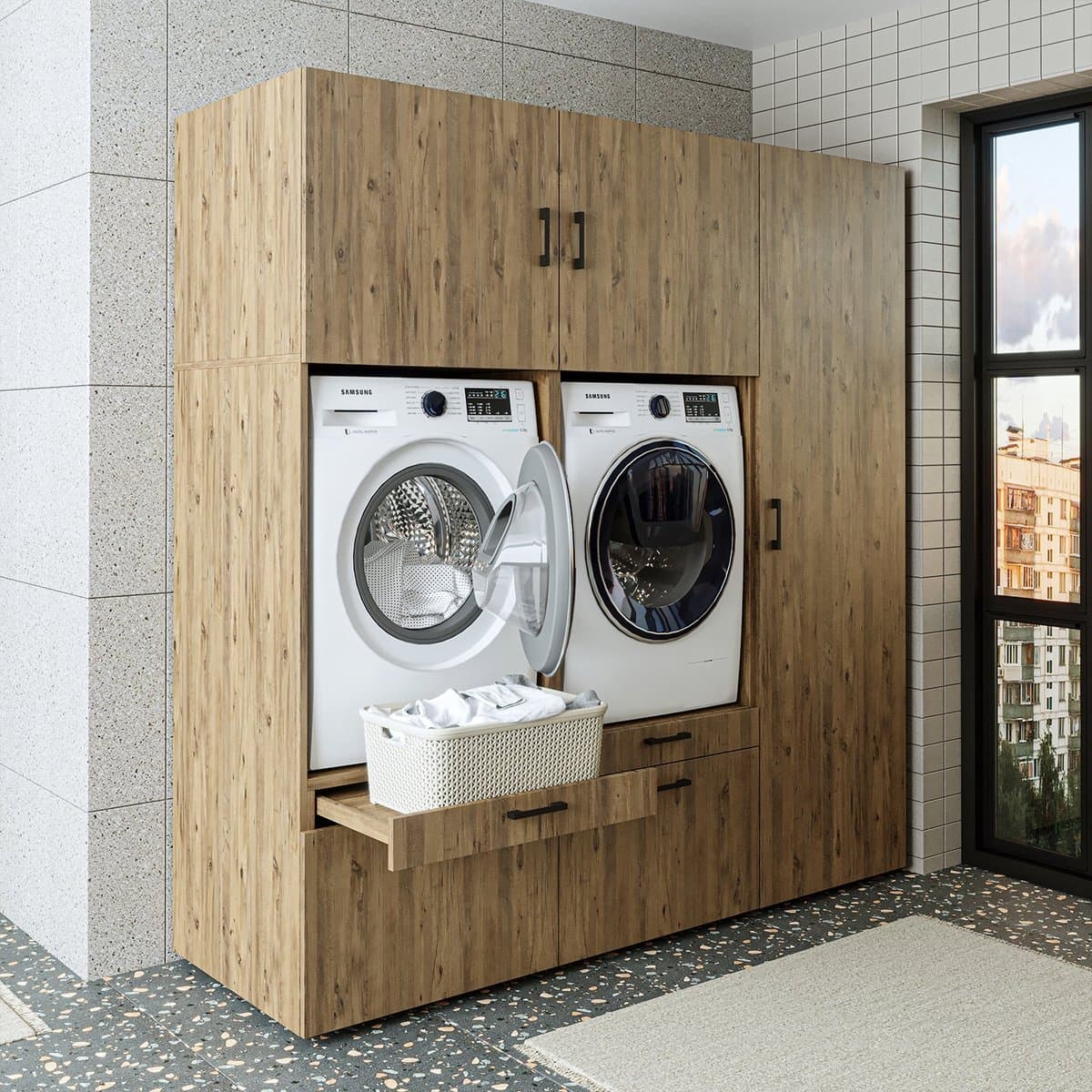 Roomart SERIE 2 Wasmachine Ombouwkast 194x205 cm - Dubbele Kast met Hoge Kast 60 - Eiken — afbeelding 1