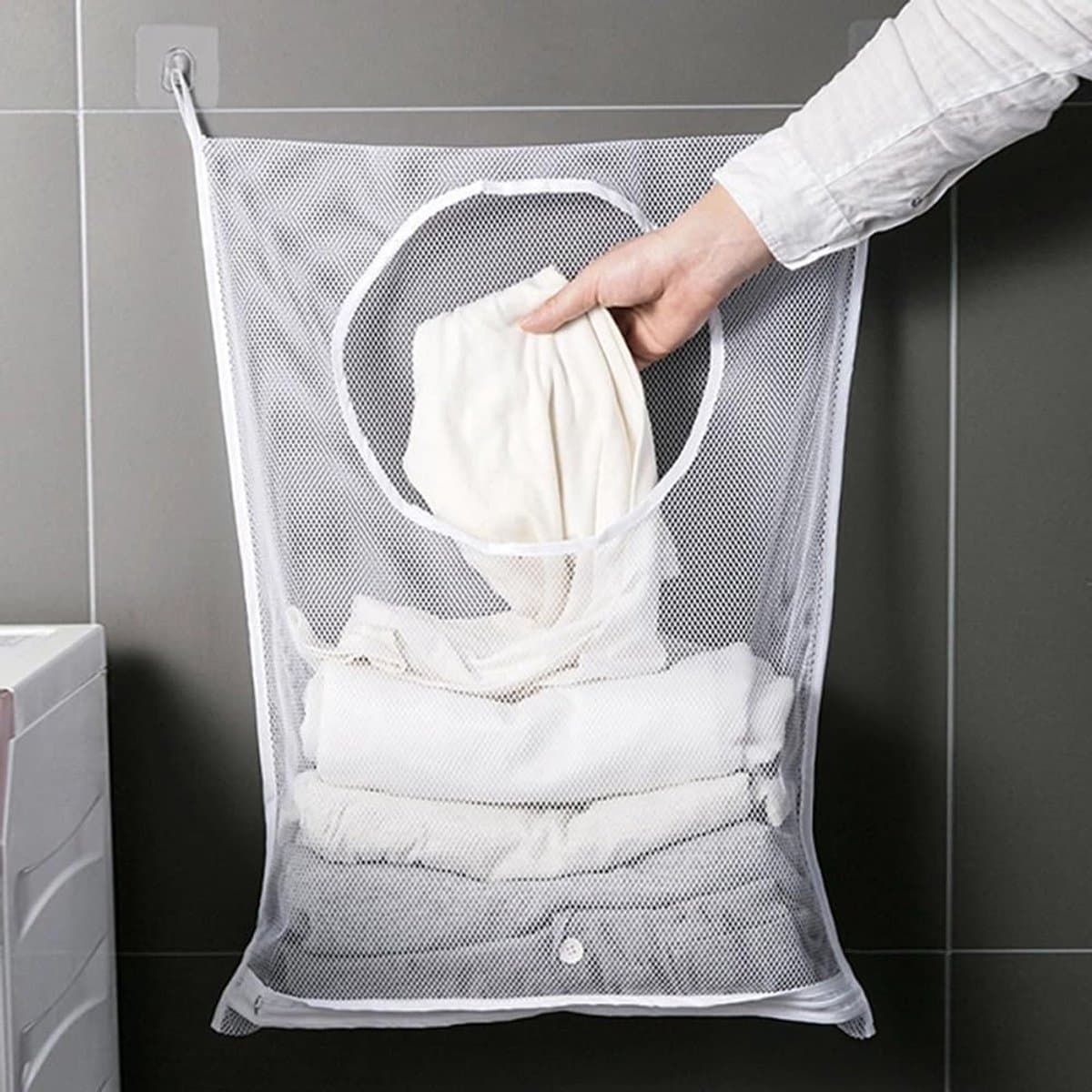 2-delige draagbare waszak, hangende wasmandzak, mesh waszak, 29 x 19 inch grote opvouwbare muurhangende wasmand met 4 zelfklevende haken voor vuile kleding, organisatie en opslag — afbeelding 1