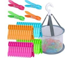 Kleurige winddichte wasknijpers - 48 stuks - plastic clips met mand