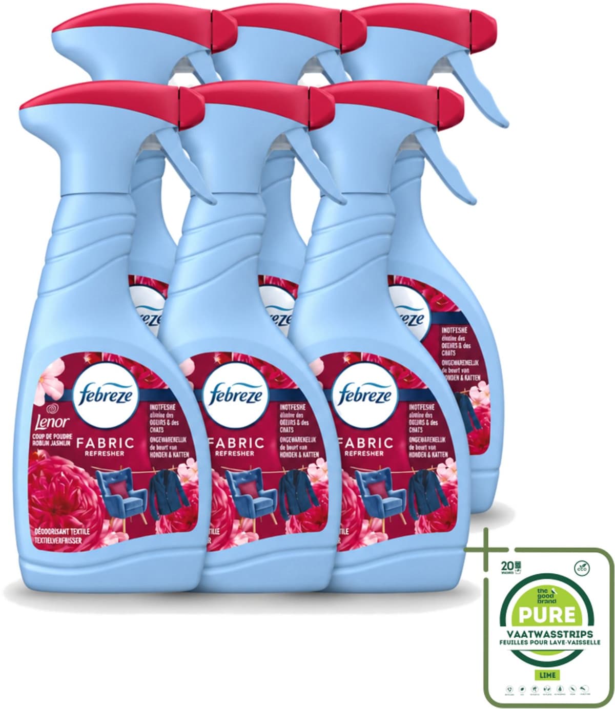 6 x Febreze – Textielspray – Robijn Jasmijn – 500 ml - Grootverpakking - Vaatwasstrips - Textielverfrisser - Textielgeur - Geurverwijdering - Jasmijngeur - Robijngeur — afbeelding 1