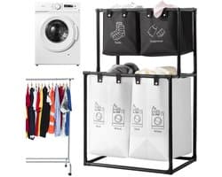 Wasmand 4 Vakken - Wassorteerder 2 Niveaus - Uitneembare Oxford-Stoffen Zakken - Opvouwbaar Metalen Frame - Ruimtebesparend Verticaal Ontwerp - 7 cm Verhoogde Onderzijde - Voor Badkamer, Slaapkamer en Wasruimte