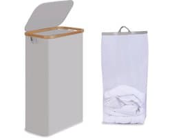 Efluky Wasmand met deksel, 75 l, smalle wasmand met wasbare binnenzak, lichtgrijs wasmand met bamboe handgrepen, opvouwbare wasmand voor waskeuken, slaapkamer, badkamer