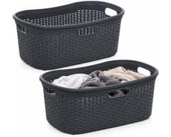 5Five Wasmand van rotan gevlochten - 2x - antraciet - kunststof - 40 liter - 59 x 38 x 27 cm - wasgoed manden